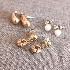 3 Pairs of Romantic Goldtone Earrings Knots Crystal and Faux Pearl - Pre-loved